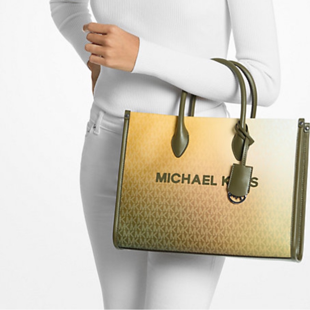MICHAEL KORS 
Mirella Medium Ombré Signature Logo Tote Bag Olive Combo color